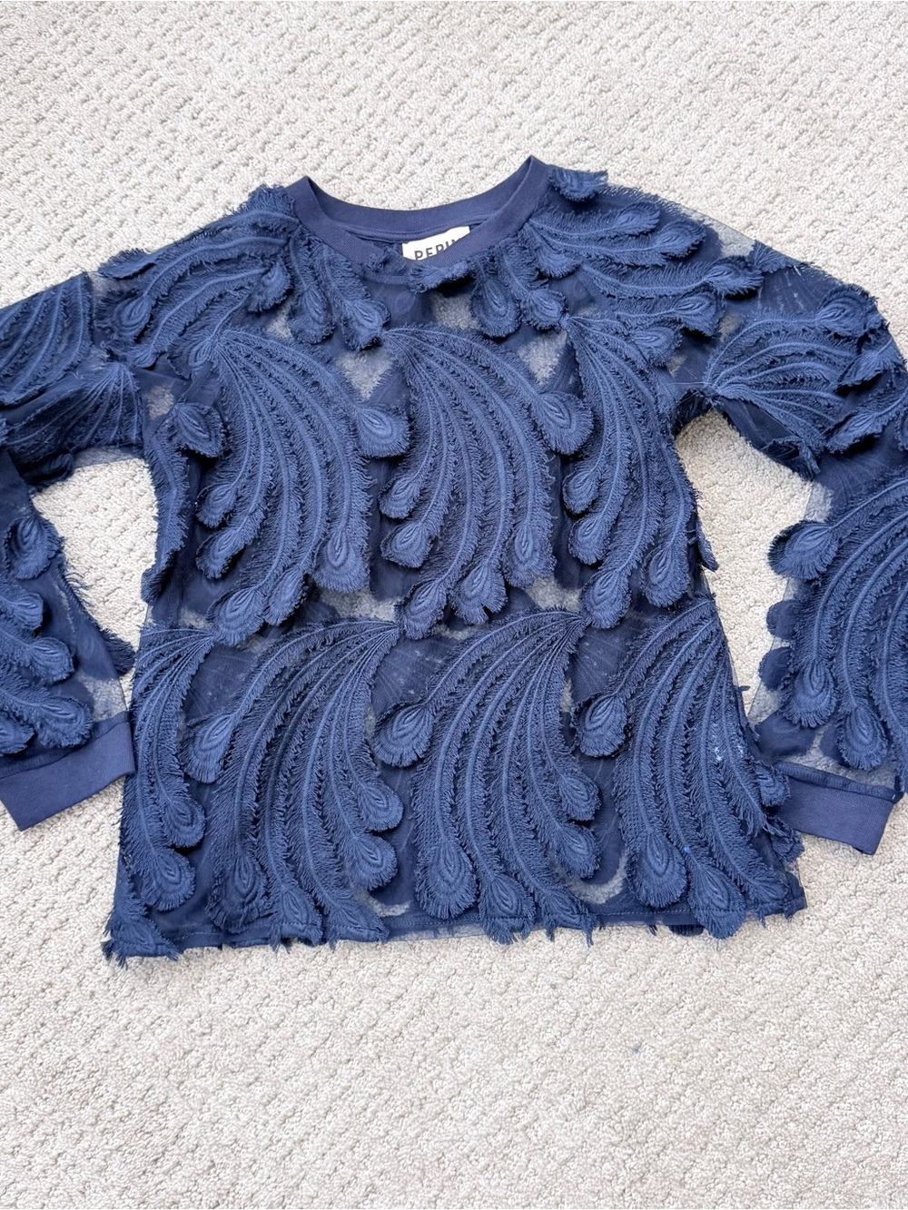 revolve Pepin Navy Sheer Long-Sleeve Leaf-Applique Top - Picture 2 of 3